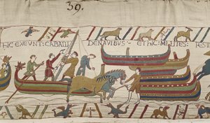 Lossning af heste fra de normanniske skibe, Bayeux Tapestry af Unbekannt Unbekannt